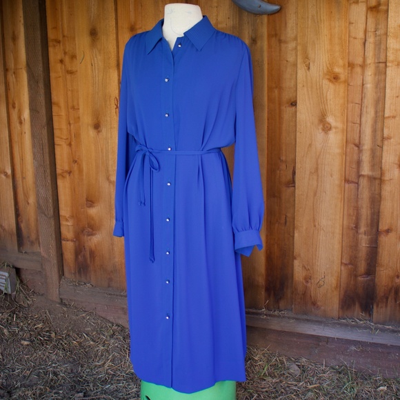 Vintage I. Magnin Blue Long Sleeve Midi Shirt Dress Jewel Buttons Woman's Size L - Picture 8 of 16